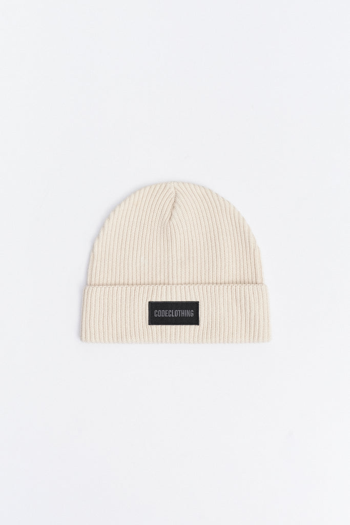 CODECLOTHING EMBROIDERED PATCH BEANIE IN RIBBED COTTON